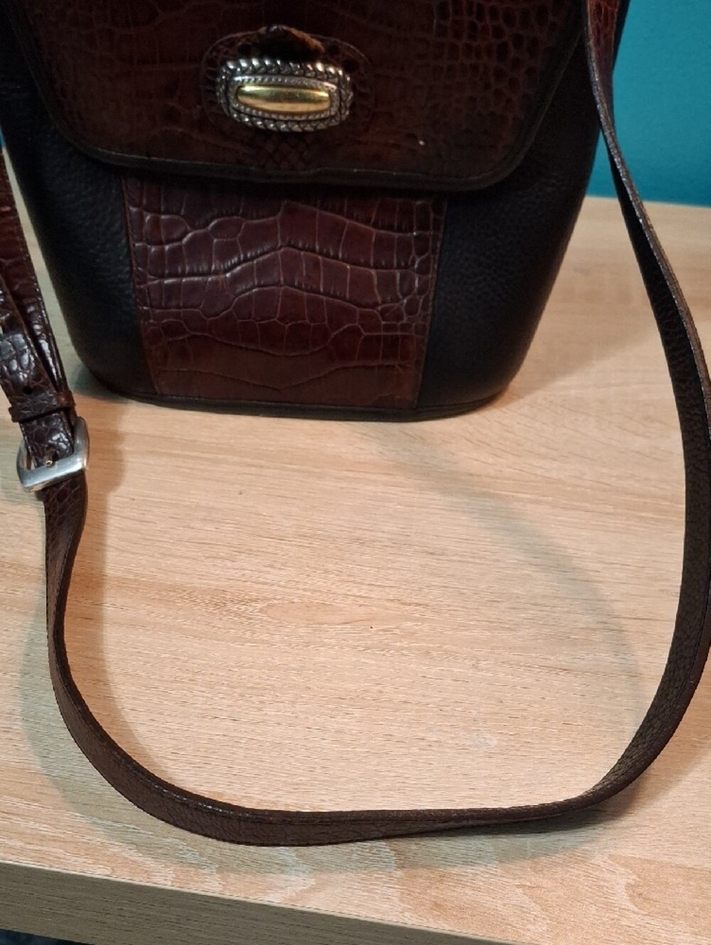 Brighton Magdaleine Brown Croc-Embossed & Black Leather Crossbody Vintage - Picture 13 of 15